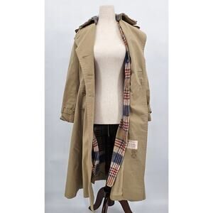 Vtg Women's XS Tan Trench Coat w/Detachable Blue Plaid Wool Liner & Collar